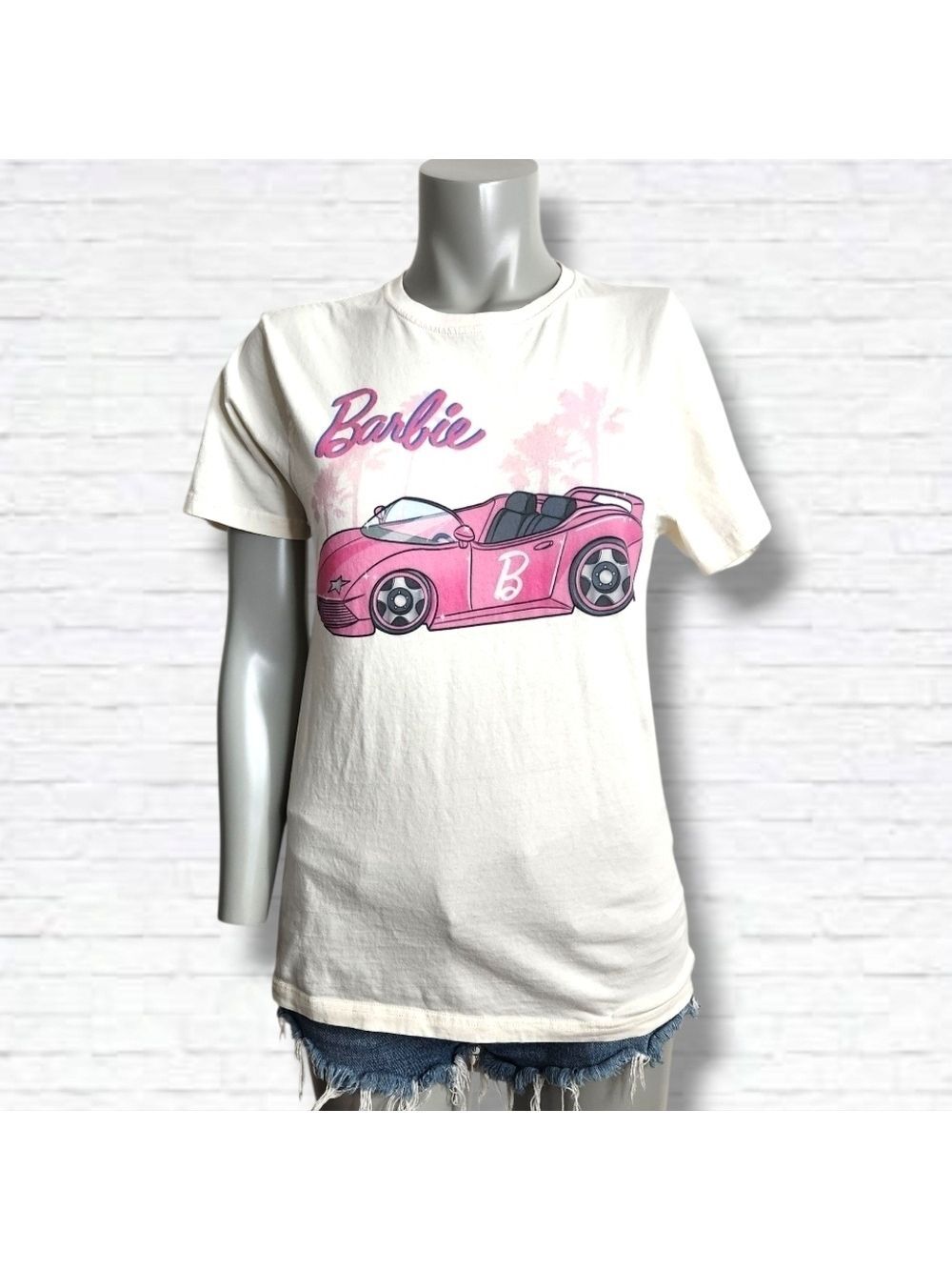 Barbie X Point Zero Pink Convertible Car Graphic Short Sleeve Tee Shirt Size S